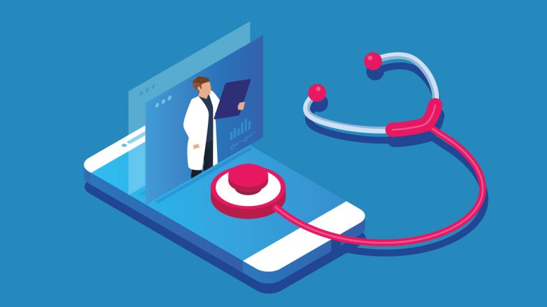 Illustration zeigt Smartphone, Arzt uns Stethoskop